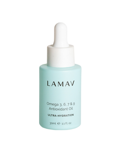 Omega 3, 6, 7 & 9 Antioxidant Oil by LAMAV — light blue dropper bottle beside 2021 beauty awards | ultra-hydration face oil