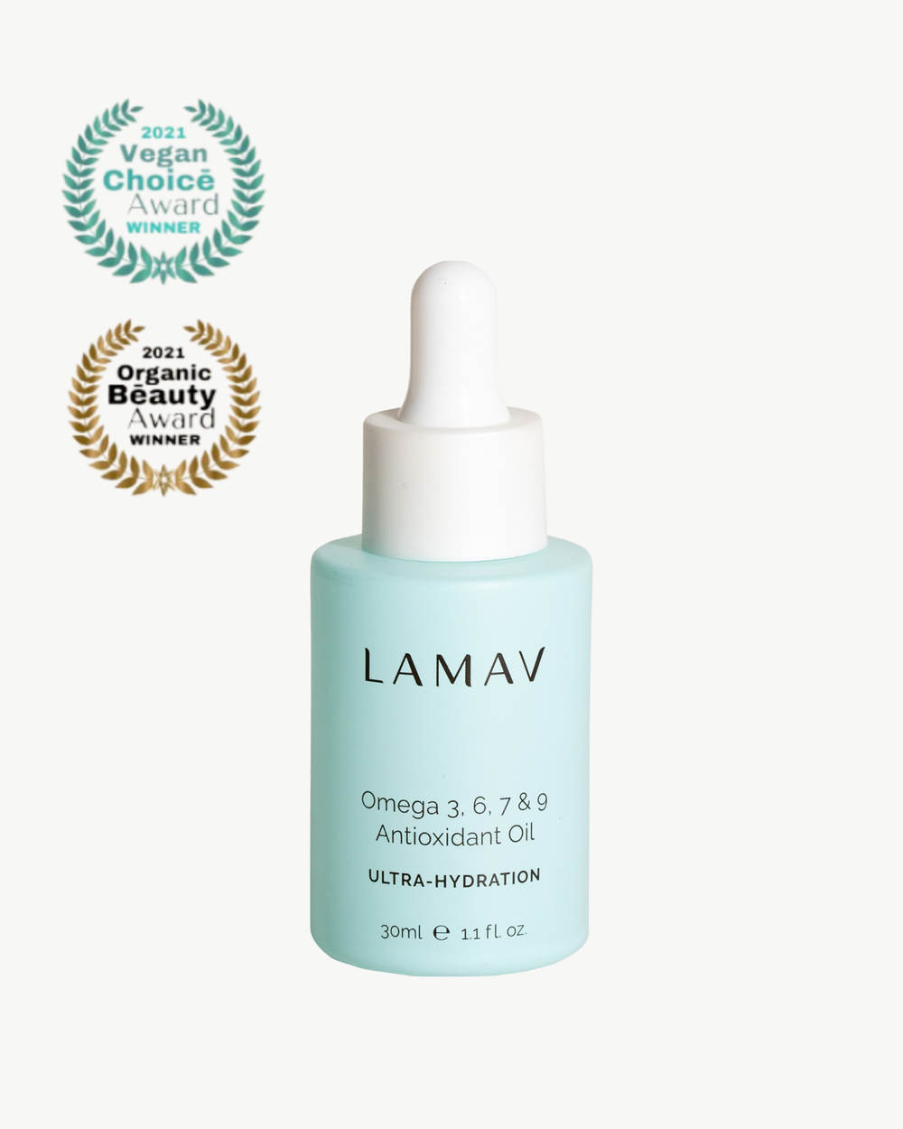 Omega 3, 6, 7 & 9 Antioxidant Oil by LAMAV — light blue dropper bottle beside 2021 beauty awards | ultra-hydration face oil