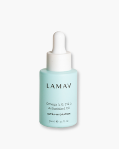 Omega 3, 6, 7 & 9 Antioxidant Oil by LAMAV — light blue dropper bottle | ultra-hydration face oil