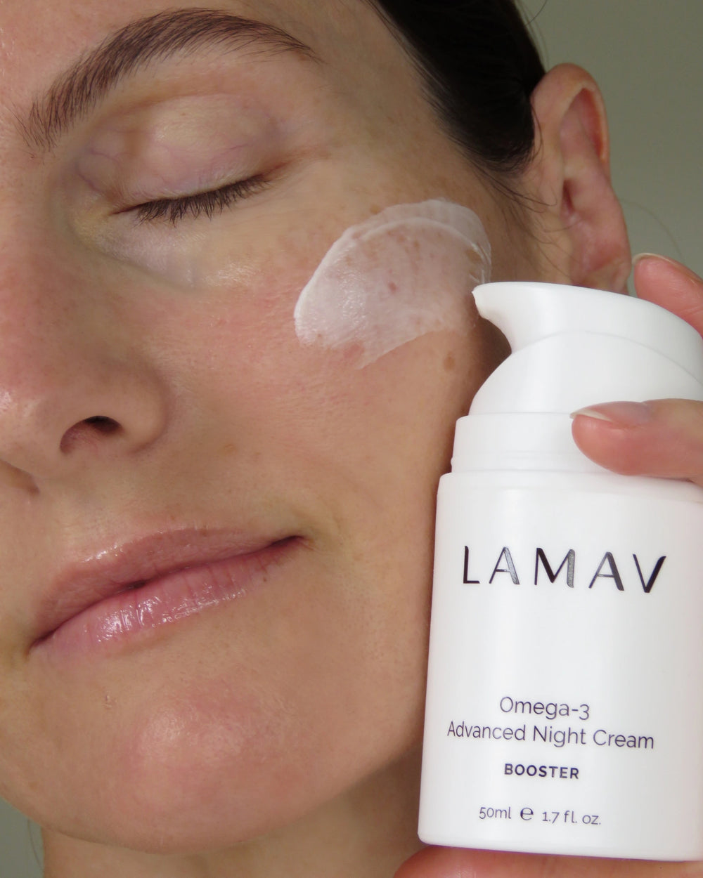 Omega-3 Advanced Night Cream by LAMAV — 50ml white pump bottle beside multiple beauty awards | award-winning organic night cream