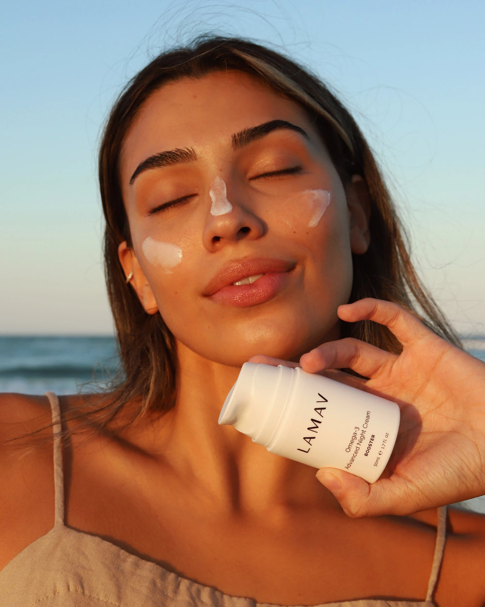 Omega-3 Advanced Night Cream by LAMAV — 50ml white pump bottle beside multiple beauty awards | award-winning organic night cream