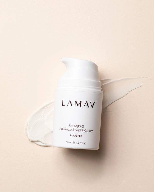 Omega-3 Advanced Night Cream by LAMAV — bottle on top of cream texture swatch | rich nourishment