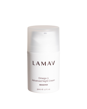 Omega-3 Advanced Night Cream by LAMAV — 50ml white pump bottle beside multiple beauty awards | award-winning organic night cream