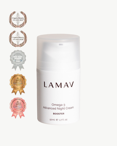 Omega-3 Advanced Night Cream by LAMAV — 50ml white pump bottle beside multiple beauty awards | award-winning organic night cream