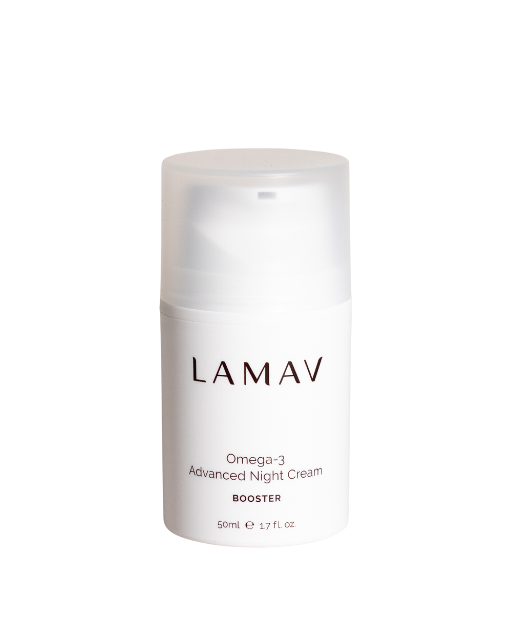 Omega-3 Advanced Night Cream by LAMAV — 50ml white pump bottle beside multiple beauty awards | award-winning organic night cream