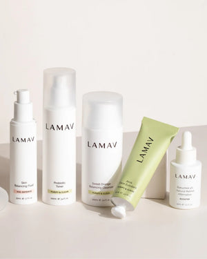 Organic Acne Pack by LAMAV — angled layout featuring exfoliator tube | deep pore cleansing