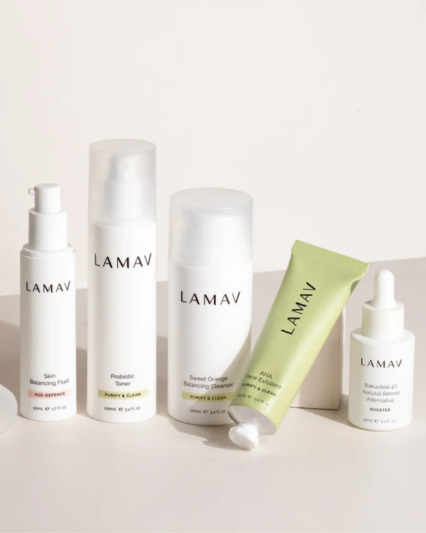 Organic Acne Pack by LAMAV — angled layout featuring exfoliator tube | deep pore cleansing