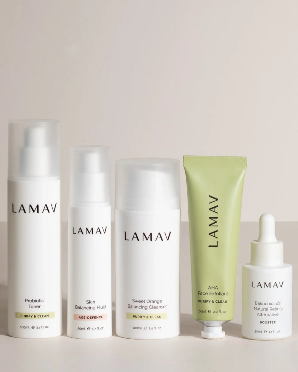 Organic Acne Pack by LAMAV — upright shelf display on natural podium | calm irritated skin