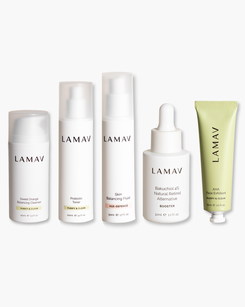 Organic Acne Pack by LAMAV — five blemish-fighting skincare products lined up, front view | clear skin routine