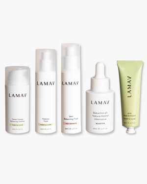 Organic Acne Pack by LAMAV — five blemish-fighting skincare products lined up, front view | clear skin routine