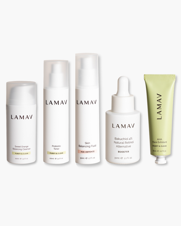 Organic Acne Pack by LAMAV — five blemish-fighting skincare products lined up, front view | clear skin routine