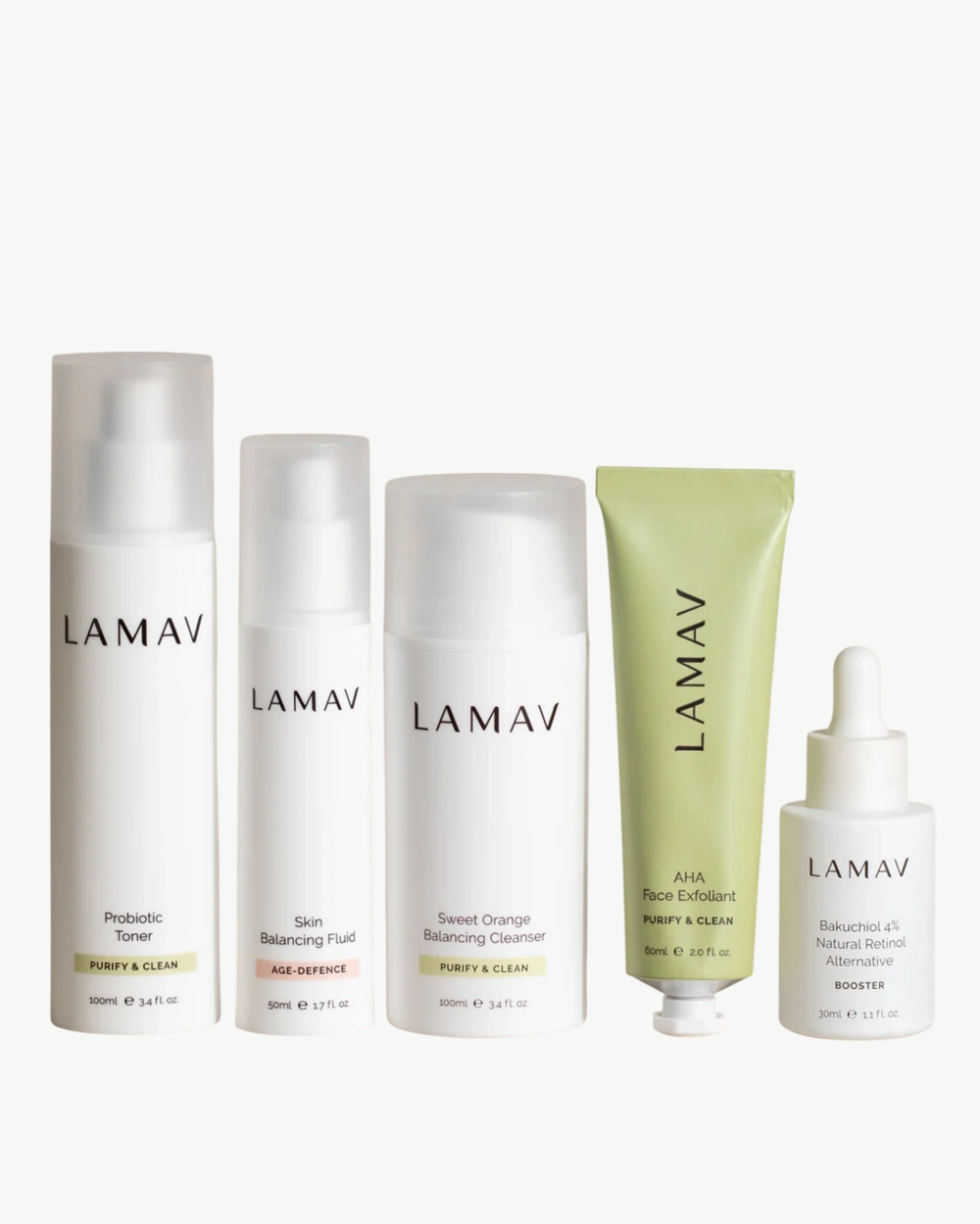 Organic Acne Pack by LAMAV — five blemish-fighting skincare products lined up, front view | clear skin routine