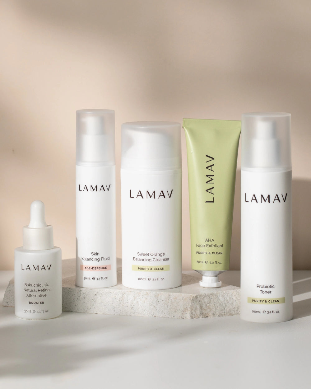 Organic Acne Pack by LAMAV — five blemish-fighting skincare products lined up, front view | clear skin routine