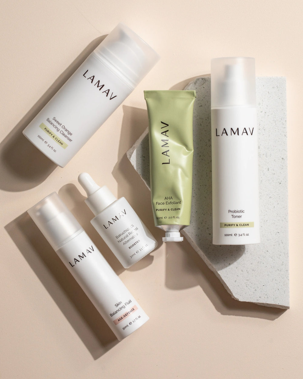 Organic Acne Pack by LAMAV — five blemish-fighting skincare products lined up, front view | clear skin routine