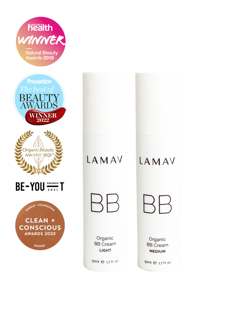 Organic BB Cream by LAMAV — Light and Medium bottles with beauty award badges | award-winning coverage