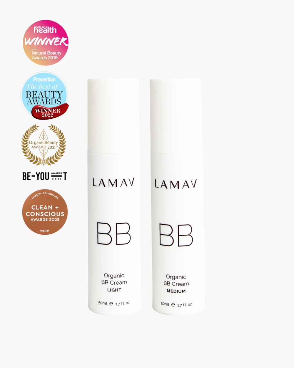 Organic BB Cream by LAMAV — Light and Medium bottles with beauty award badges | award-winning coverage