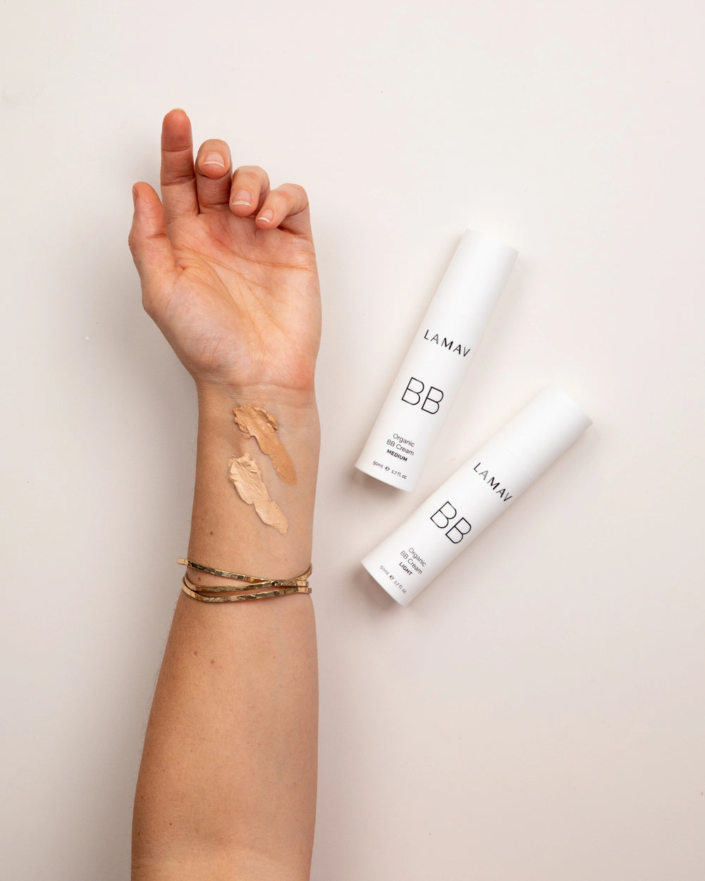 Organic BB Cream by LAMAV — Light and Medium bottles with beauty award badges | award-winning coverage
