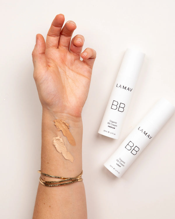 BB Cream Duo Pack by LAMAV — shade swatches applied on arm | Blendable organic coverage