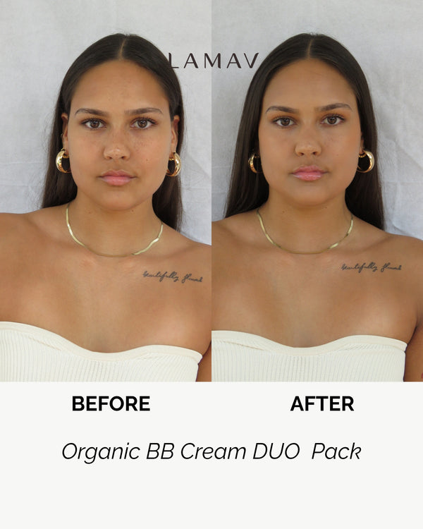 Organic BB Cream Duo Pack by LAMAV — model before and after application | Skin-perfecting organic glow