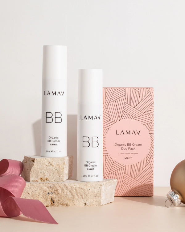 Organic BB Cream Duo Pack by LAMAV — light shade bottles and box on stone | Flawless organic coverage