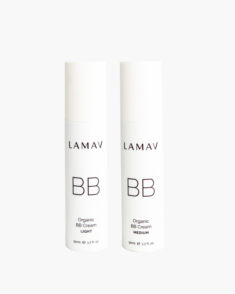 Organic BB Cream Duo Pack by LAMAV — two 50ml white pump bottles showing light and medium shades, front view | flawless coverage and hydration