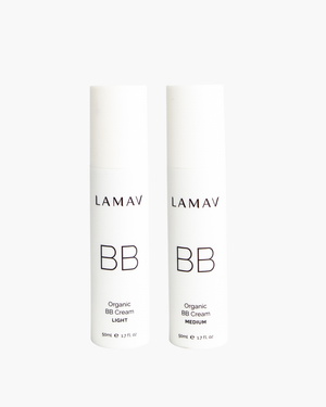 Organic BB Cream Duo Pack by LAMAV — two 50ml white pump bottles showing light and medium shades, front view | flawless coverage and hydration