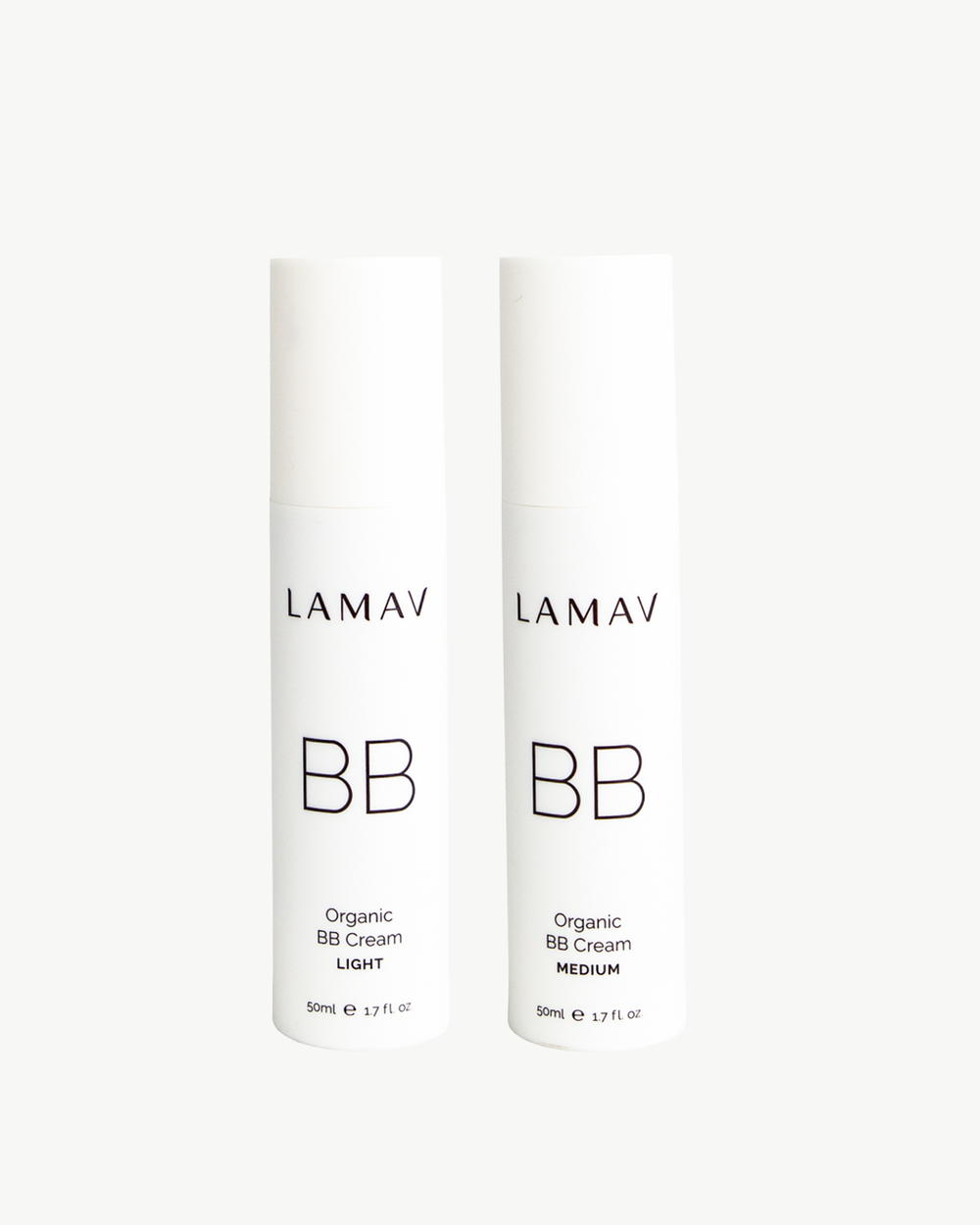 Organic BB Cream Duo Pack by LAMAV — two 50ml white pump bottles showing light and medium shades, front view | flawless coverage and hydration
