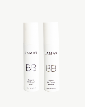 Organic BB Cream Duo Pack by LAMAV — two 50ml white pump bottles showing light and medium shades, front view | flawless coverage and hydration