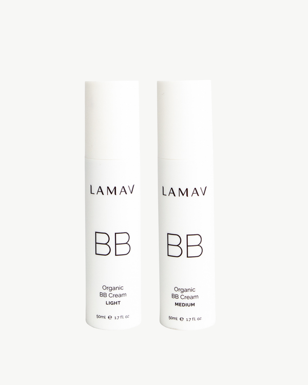 Organic BB Cream Duo Pack by LAMAV — two 50ml white pump bottles showing light and medium shades, front view | flawless coverage and hydration