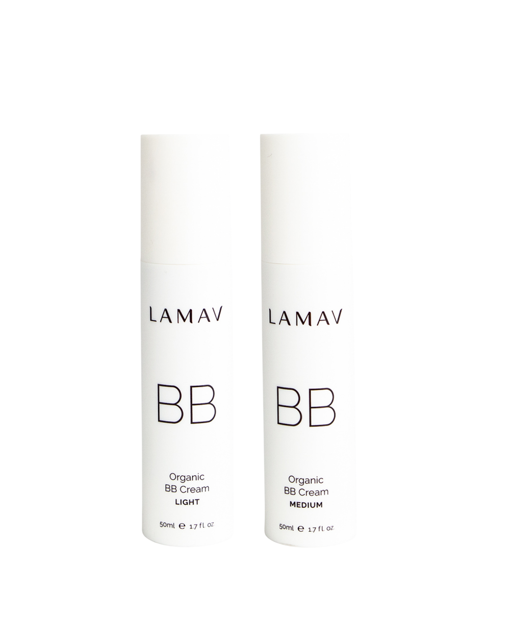 Organic BB Cream Duo Pack by LAMAV — two 50ml white pump bottles showing light and medium shades, front view | flawless coverage and hydration