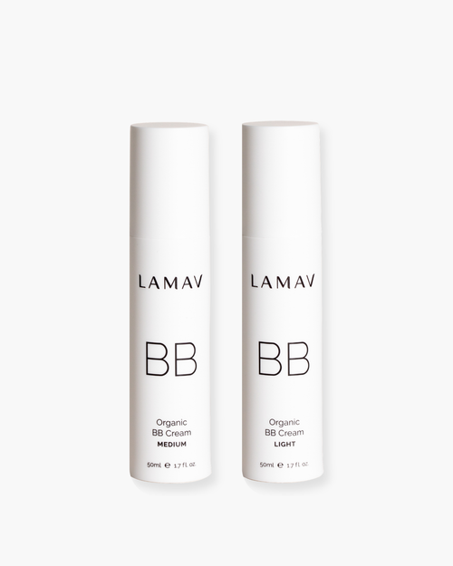 Organic BB Cream Duo Pack by LAMAV — two 50ml white pump bottles showing light and medium shades, front view | flawless coverage and hydration