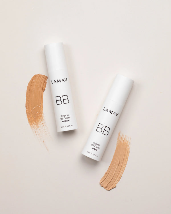 Organic BB Cream Duo Pack by LAMAV — light and medium bottles with swatches | Natural radiant finish