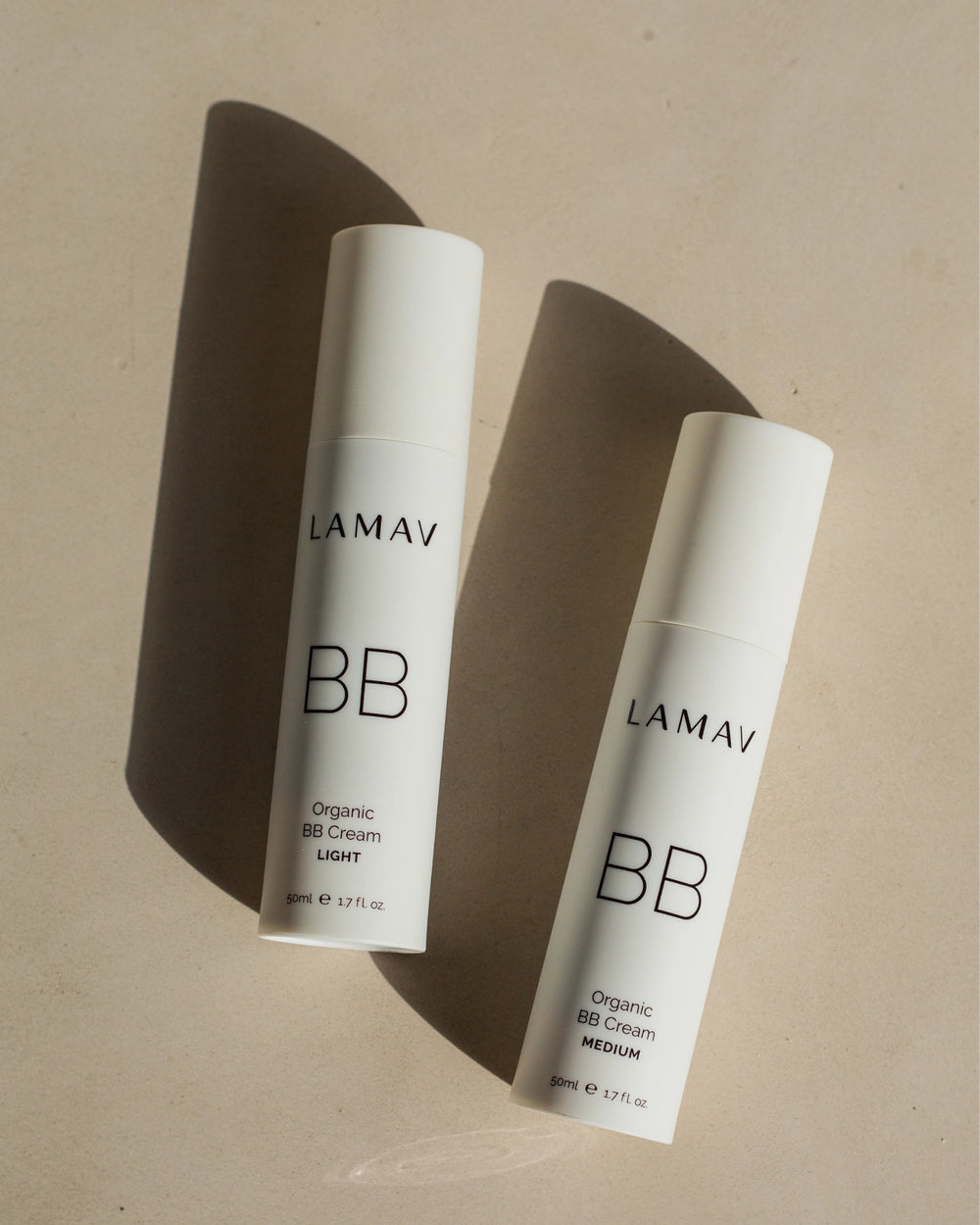 Organic BB Cream by LAMAV — Light and Medium bottles with beauty award badges | award-winning coverage