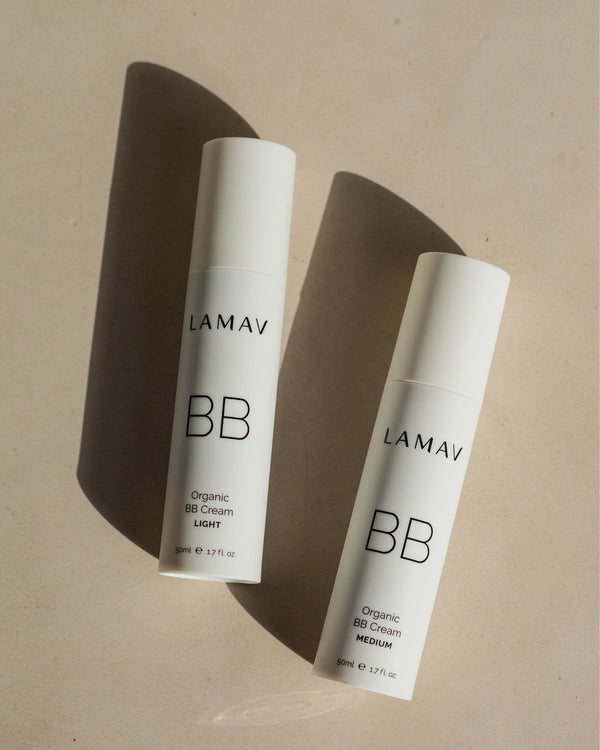 Organic BB Cream by LAMAV — Medium shade bottle with open pump and foundation brush | smooth application