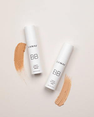 Organic BB Cream by LAMAV — Medium and Light bottles with paint swatches | natural sun protection