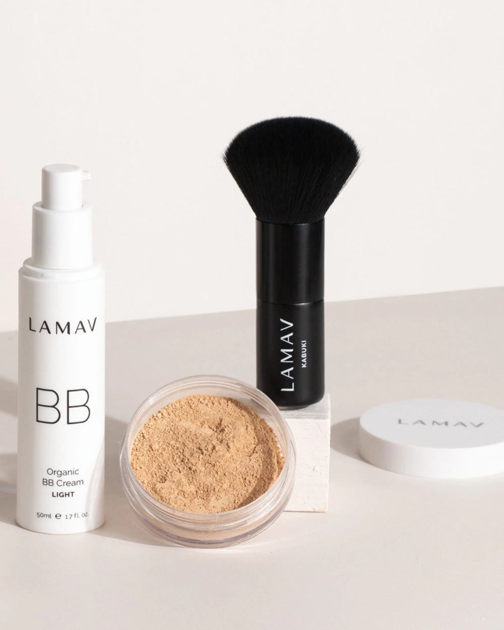 Be Beautiful Collection by LAMAV — mineral powder compact, BB cream tube, and kabuki brush, front view | flawless complexion kit