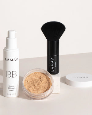 Organic BB Cream Set by LAMAV — light bottle, kabuki brush and open powder jar | evens skin tone naturally