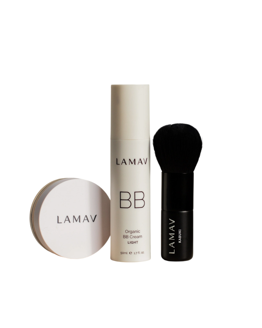 Organic BB Cream Set by LAMAV — light bottle, kabuki brush and closed powder on stone | radiant everyday glow