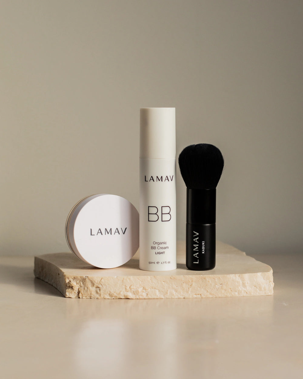 Be Beautiful Collection by LAMAV — mineral powder compact, BB cream tube, and kabuki brush, front view | flawless complexion kit