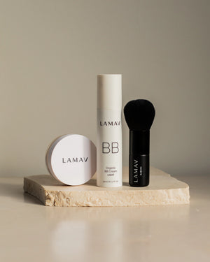 Organic BB Cream Set by LAMAV — light bottle, kabuki brush and closed powder on stone | radiant everyday glow