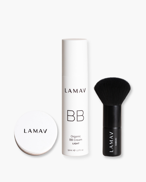 Organic BB Cream Set by LAMAV — light bottle, kabuki brush and closed powder | radiant everyday glow