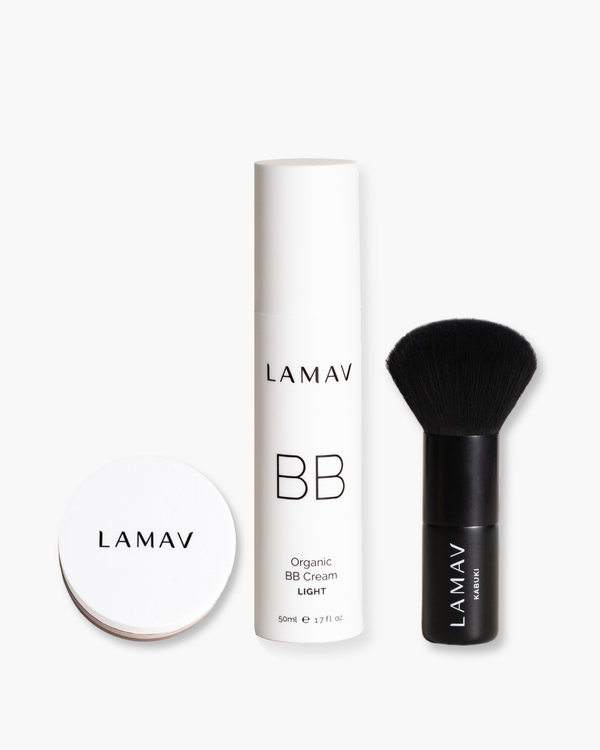 Organic BB Cream Set by LAMAV — light bottle, kabuki brush and closed powder | radiant everyday glow