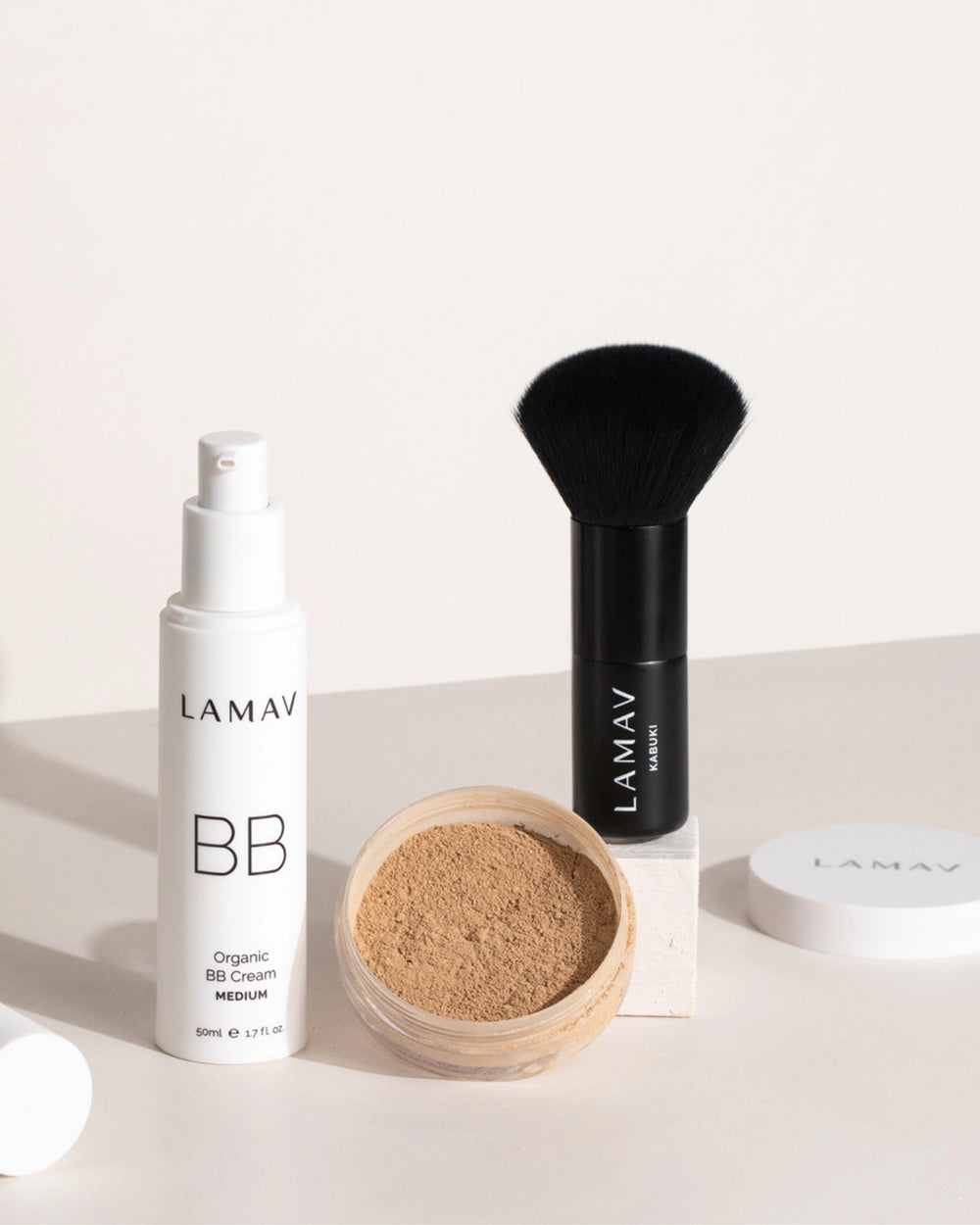 Be Beautiful Collection by LAMAV — mineral powder compact, BB cream tube, and kabuki brush, front view | flawless complexion kit