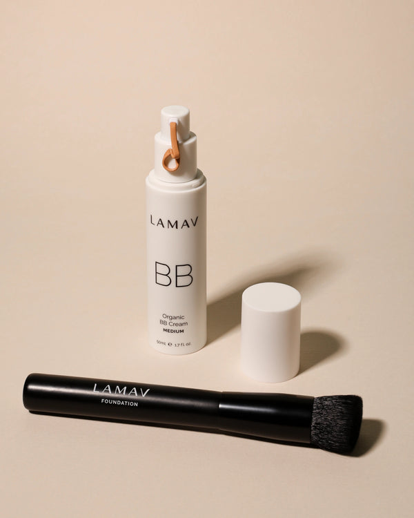 Organic BB Cream by LAMAV — Medium shade bottle with open pump and foundation brush | smooth application