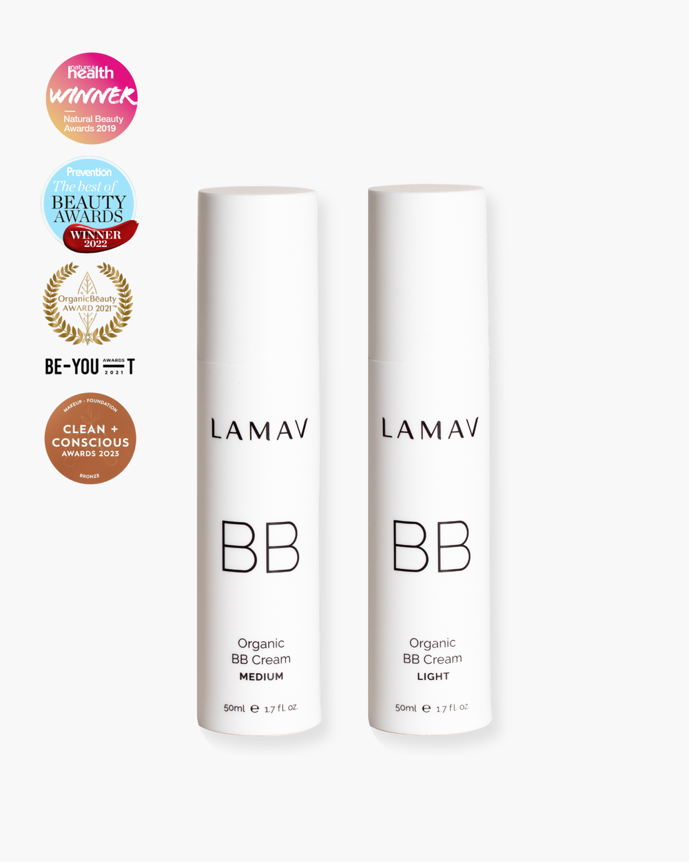 Organic BB Cream by LAMAV — Light and Medium bottles with beauty award badges | award-winning coverage
