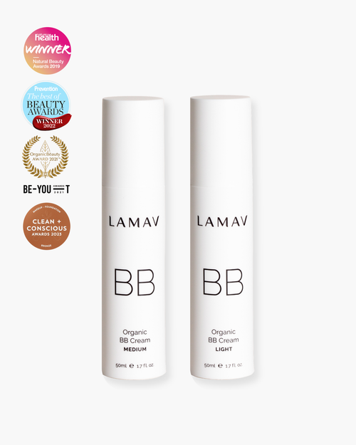 Organic BB Cream by LAMAV — Light and Medium bottles with beauty award badges | award-winning coverage