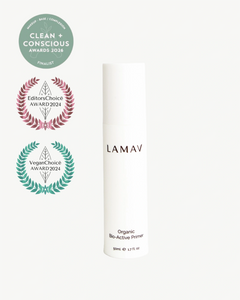 Bio-Active Primer by LAMAV — bottle with award winner badges | award-winning clean beauty