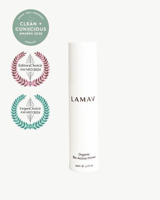 Bio-Active Primer by LAMAV — bottle with award winner badges | award-winning clean beauty