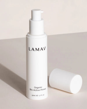 Organic Bio-Active Primer by LAMAV — open bottle with pump dispenser | easy application