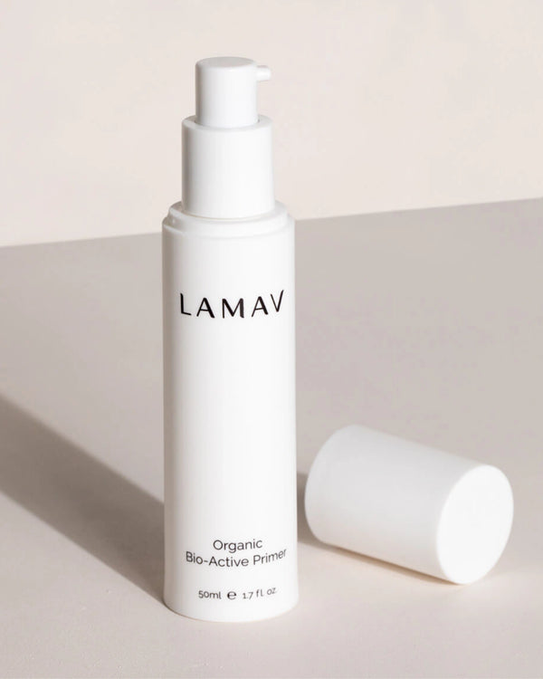Organic Bio-Active Primer by LAMAV — open bottle with pump dispenser | easy application